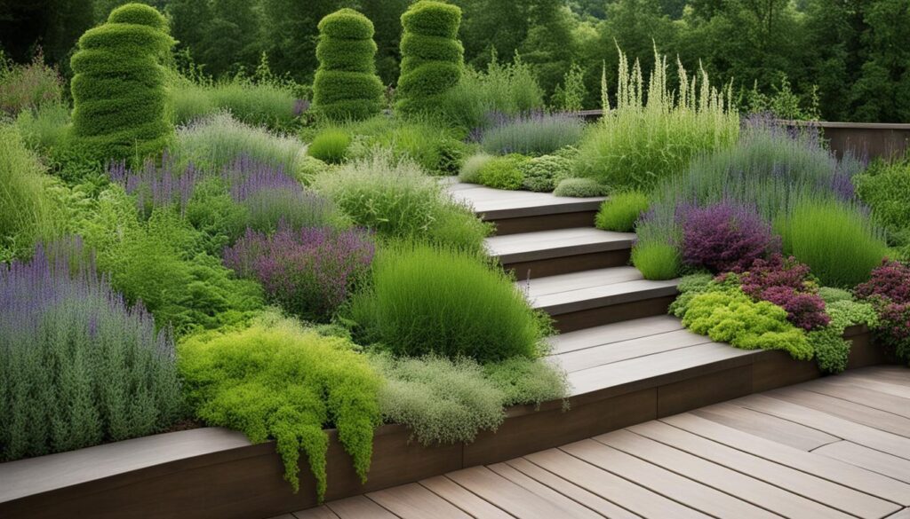 herb spirals and layered planting