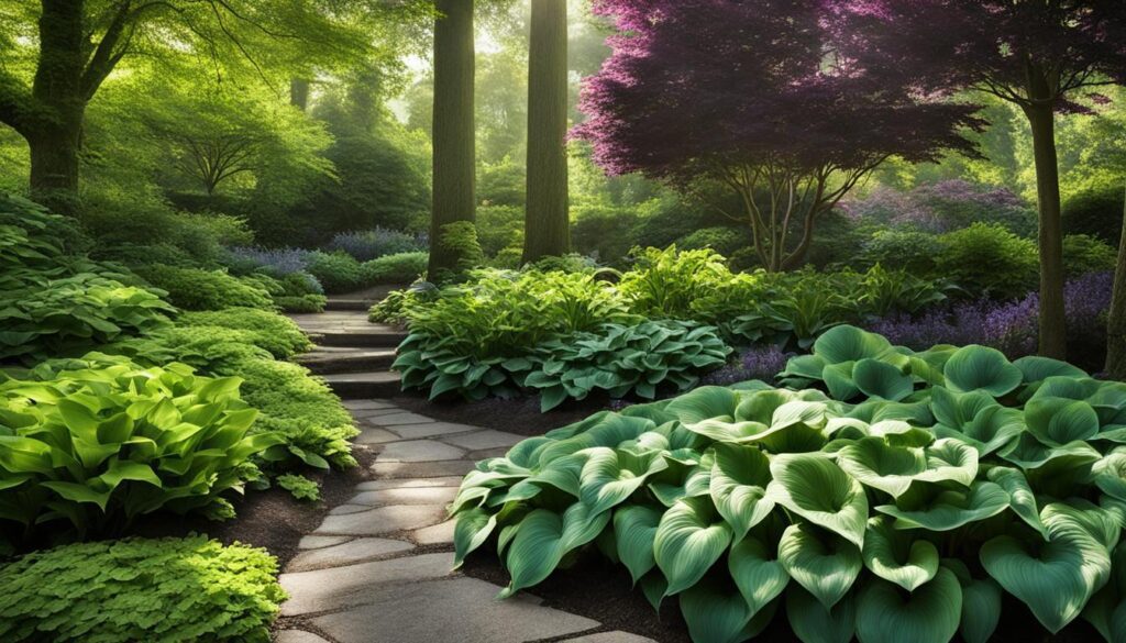 Hostas in a shady garden