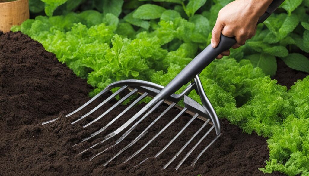 garden rake leveling soil and removing weeds
