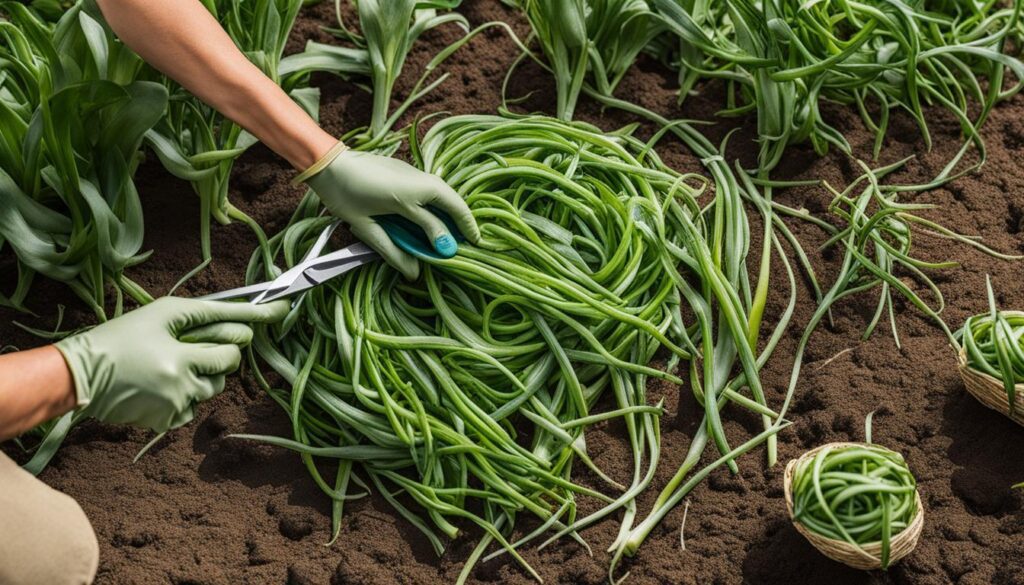 harvesting garlic scapes